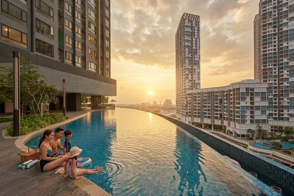 Infinity pool at BeCentral with family at sunset