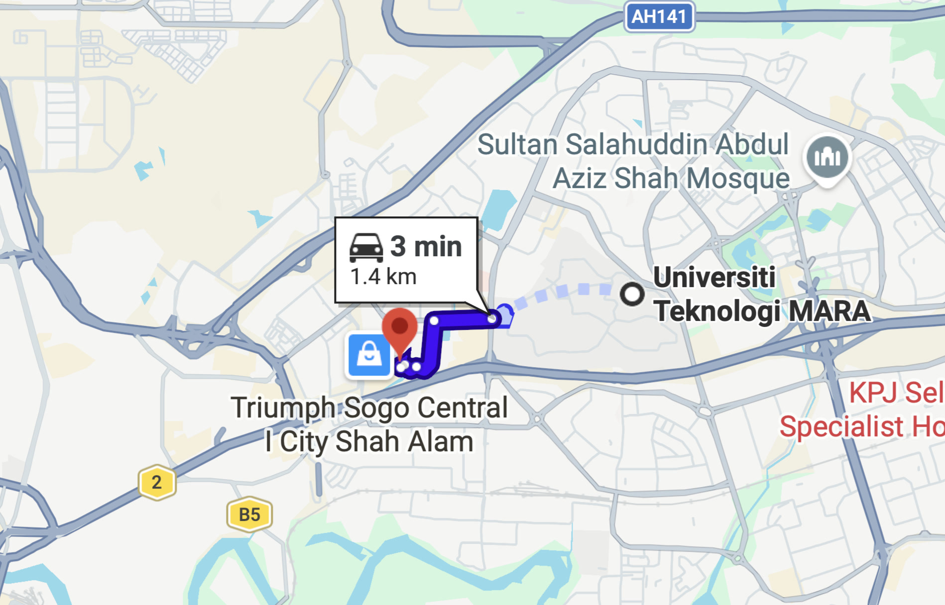 Google Maps distance from UiTM Shah Alam to Sabi House BeCentral i-City — 1.4 km, 3 minutes drive
